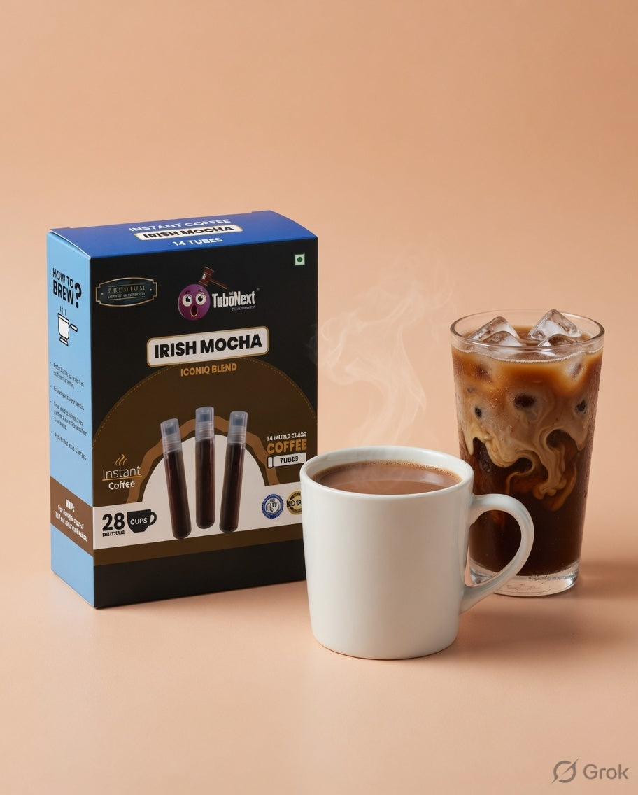 Irish Mocha — official box with hot cup and iced coffee