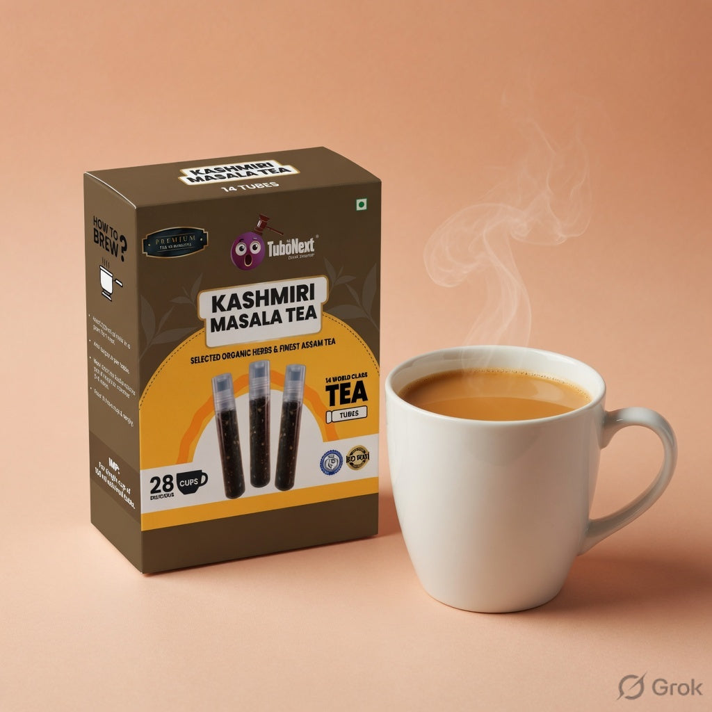 Kashmiri Masala Tea — official box with hot chai