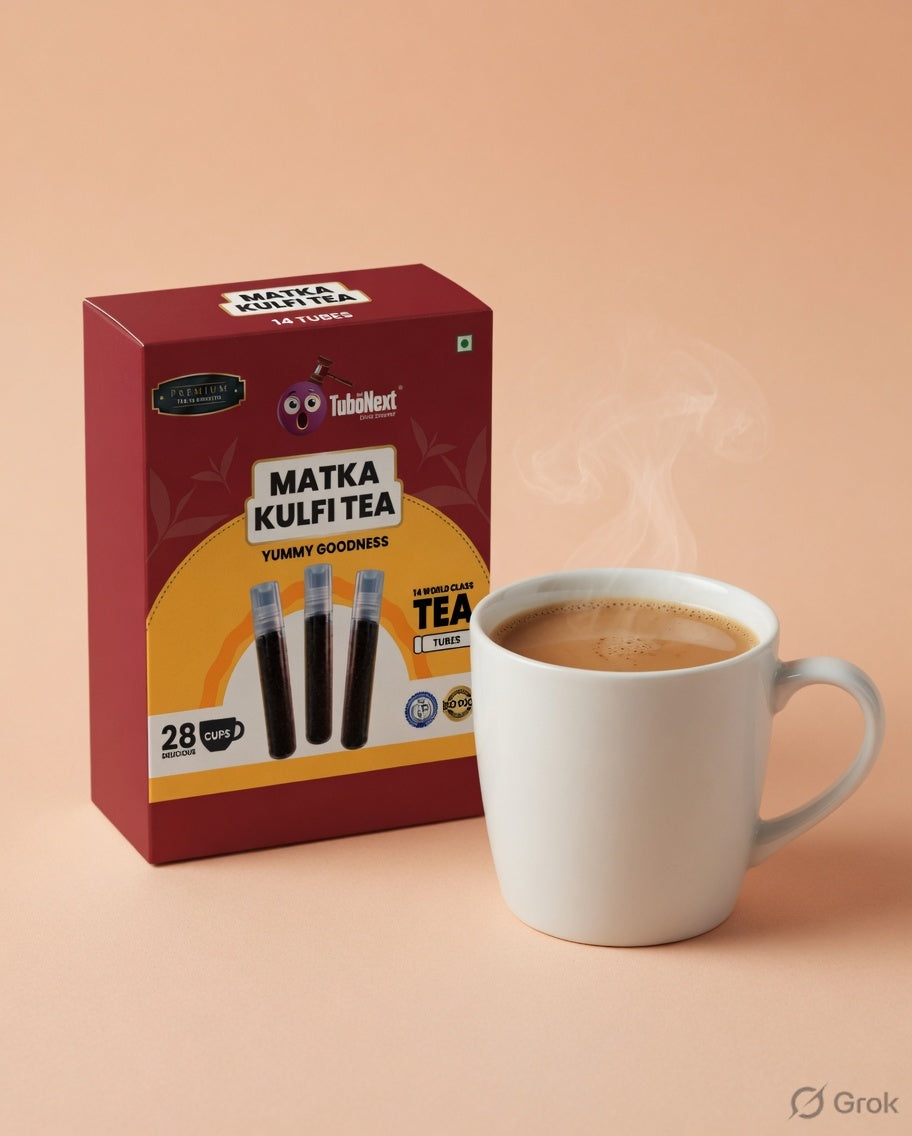 Matka Kulfi Tea — official box with hot chai